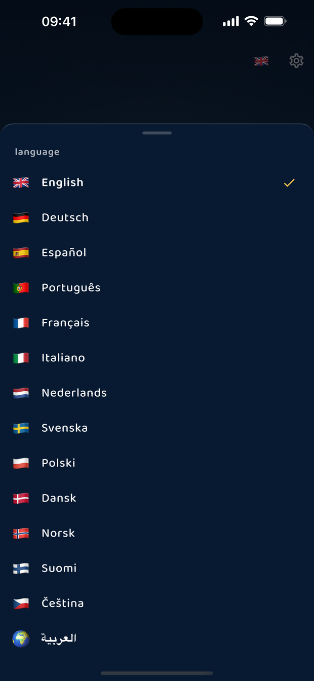 The language sheet listing English, German, Spanish and eleven more.