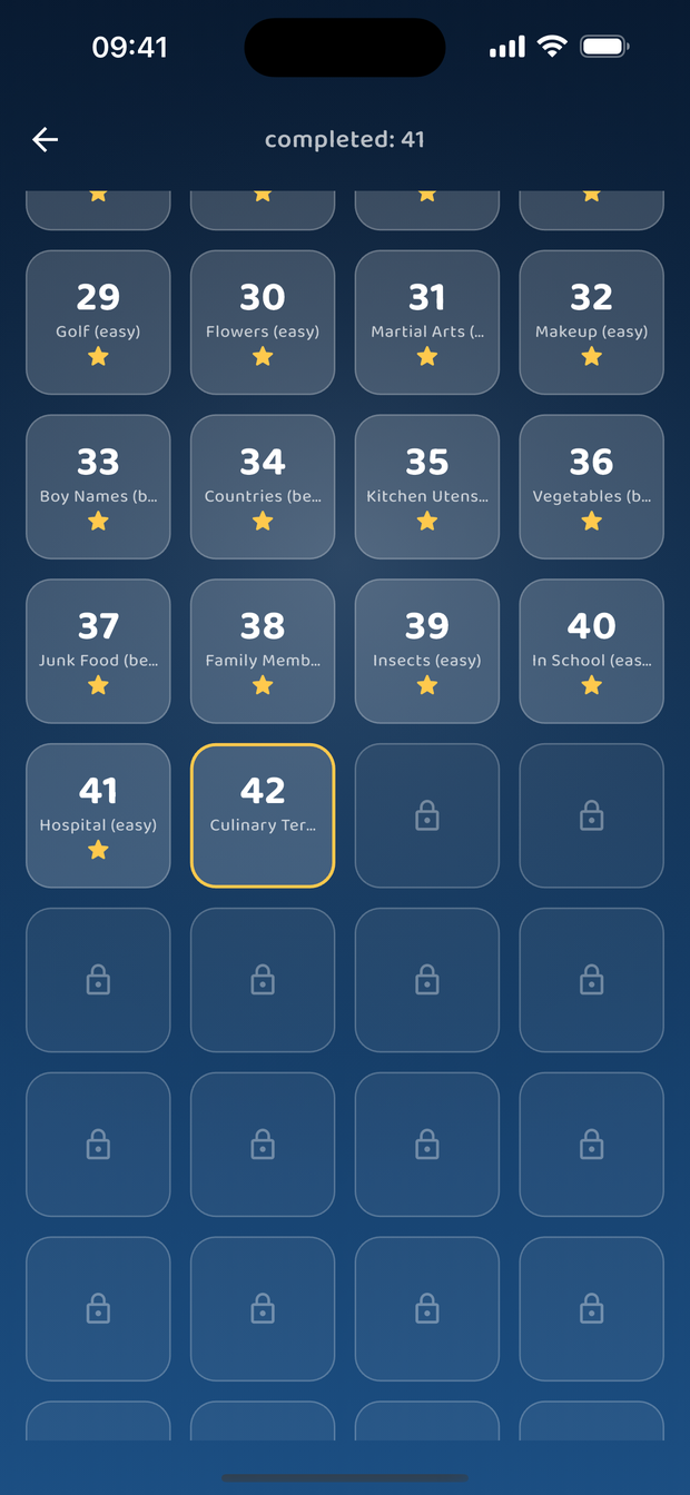 The level selector: solved levels with stars, the next one highlighted, the rest locked.